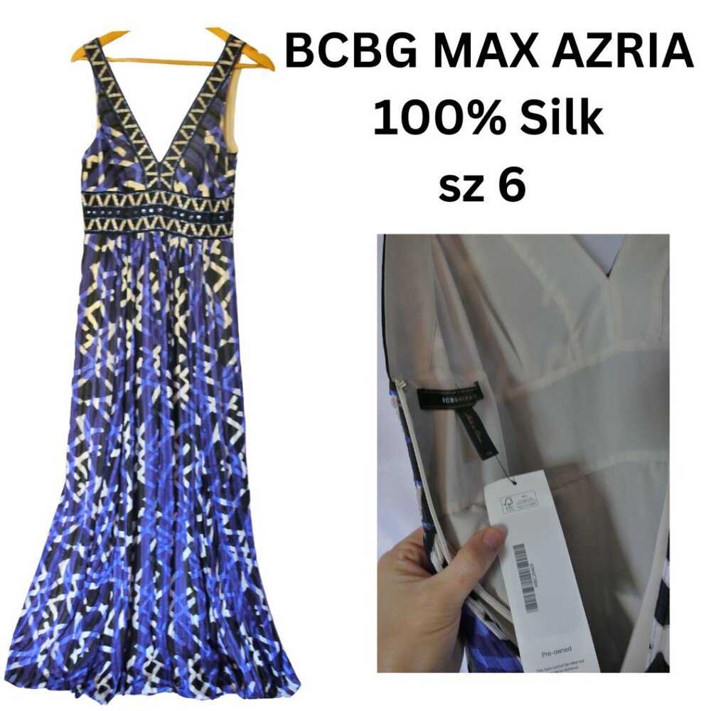 BCBG MAX AZRIA 6 SILK Maxi Dress Gown with sequins/gems Boho Classy floor length